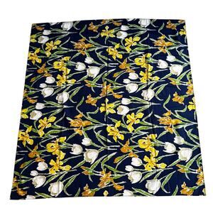 Hand Sewn Fabric Tablecloth navy blue yellow white flowers irises tulips square